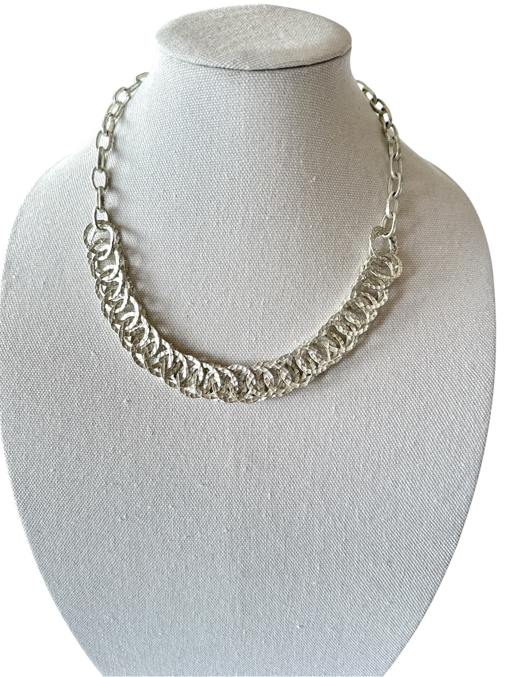 Vintage Chico’s Chunky Textured Silver Tone Chain Statement Necklace with Logo